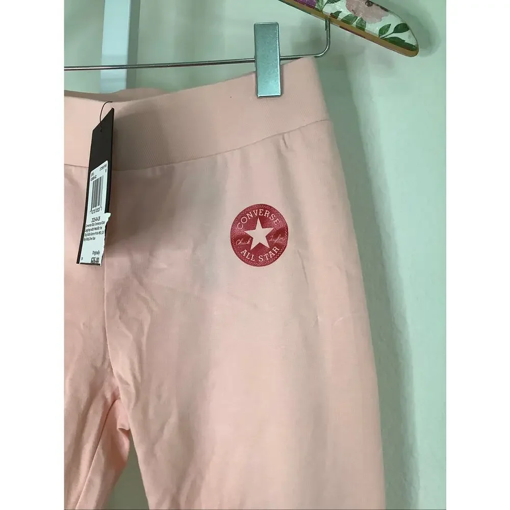 Converse Girls MD Storm Pink Logo Metallic Ink Print Leggings Streetwear U1-13